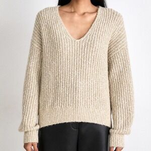 Boss Orange Facacia V Neck Dropped Shoulder Knit Jumper Beige Sweater Womens M